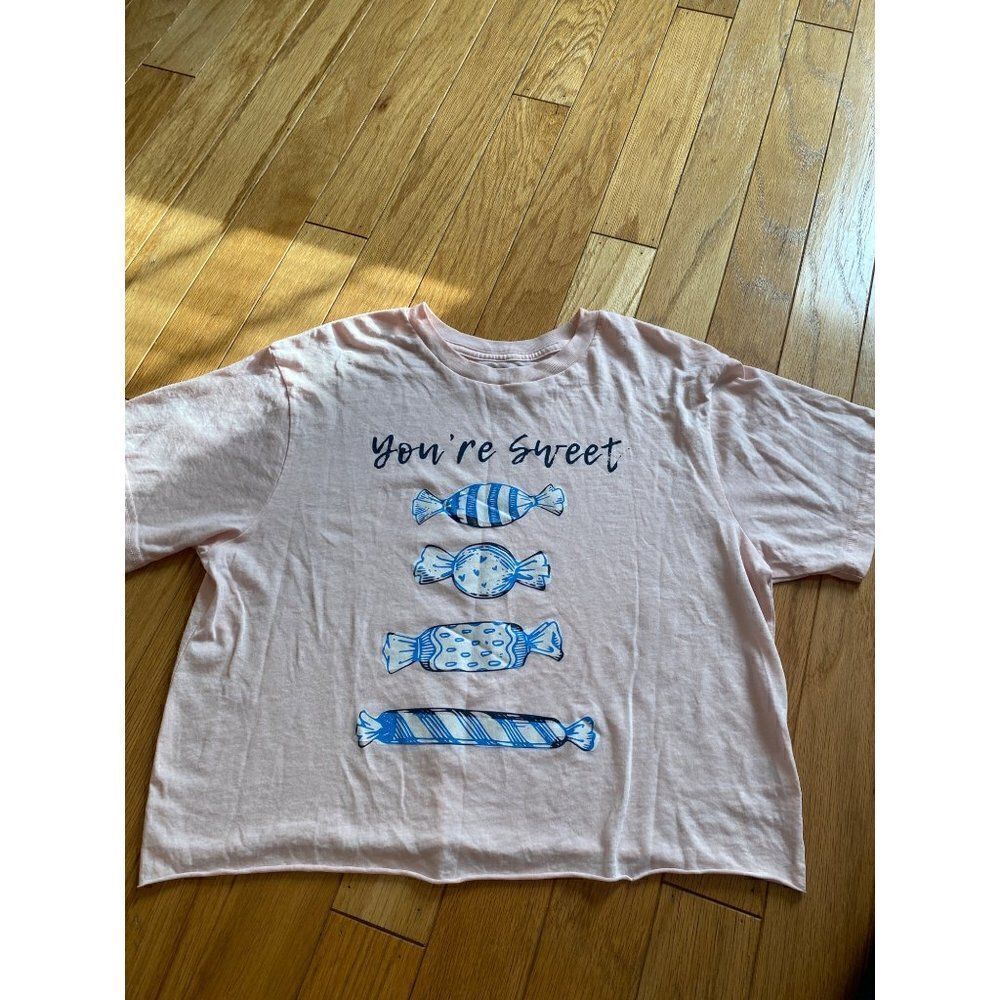 Pretty Rebel, women's pink "you're sweet" candy graphic cut hem cropped top lrg